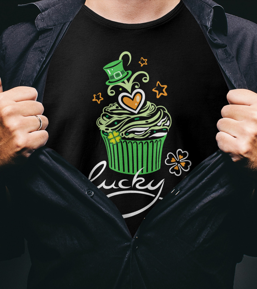Lucky Green Cupcake With St Patrick's Day Hat And Shamrock T-Shirt