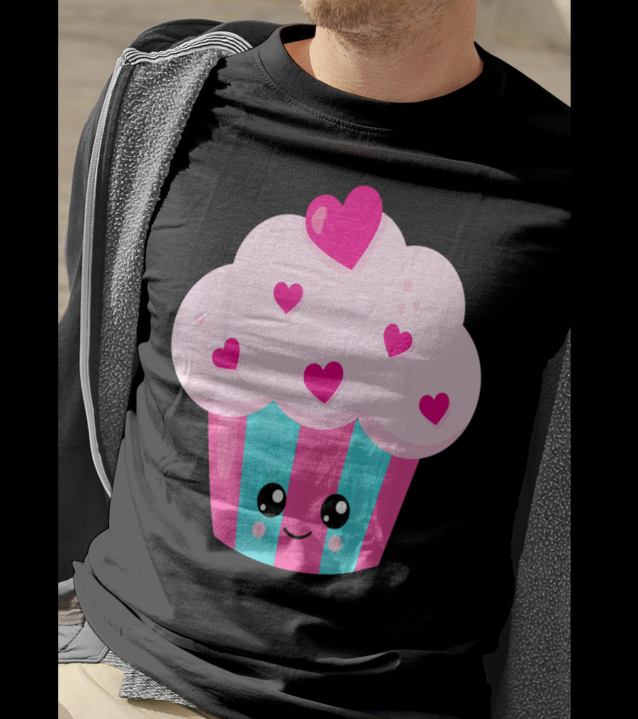 Kawaii Pink Hearts Cupcake With Cute Happy Face T-Shirt