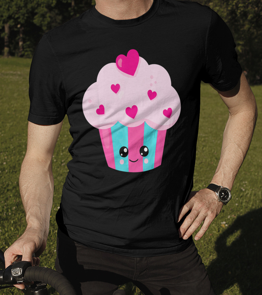 Kawaii Pink Hearts Cupcake With Cute Happy Face T-Shirt