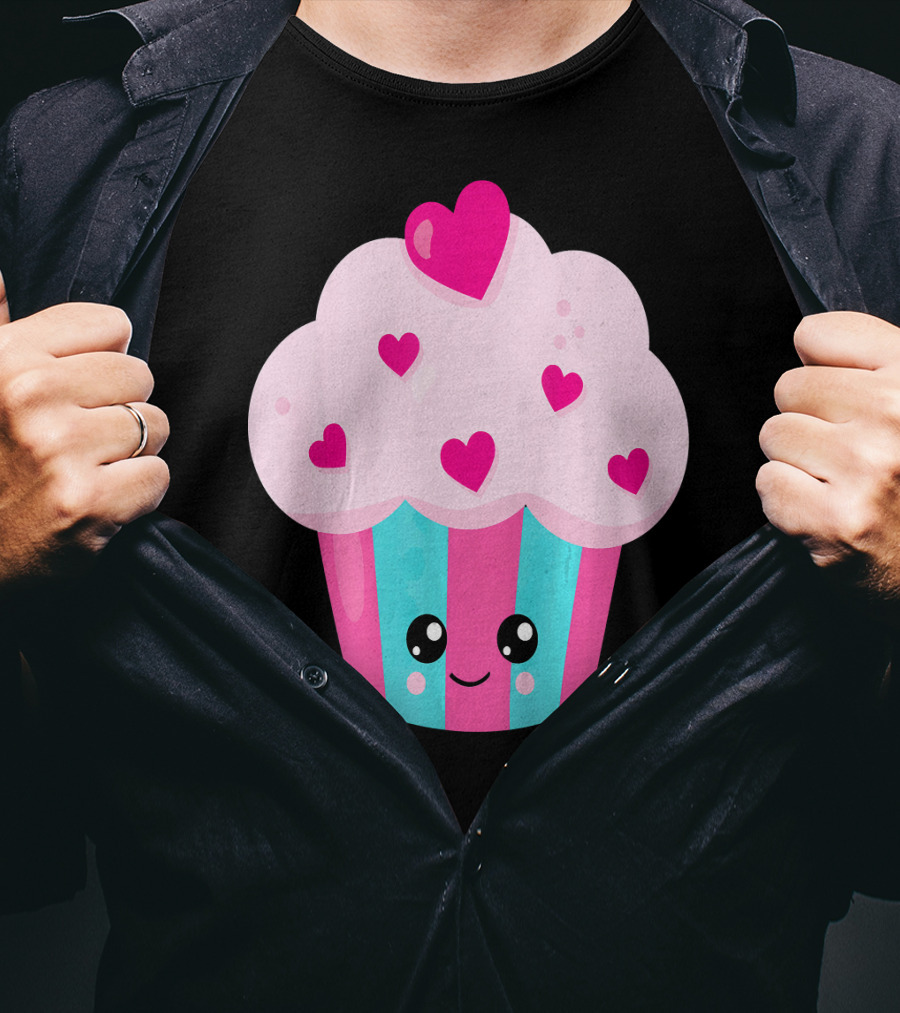Kawaii Pink Hearts Cupcake With Cute Happy Face T-Shirt