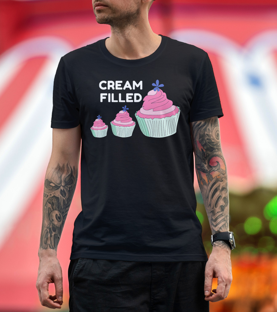 CREAM FILLED Cupcake Lover Trio with Pink Frosting and Blue Flower T-Shirt