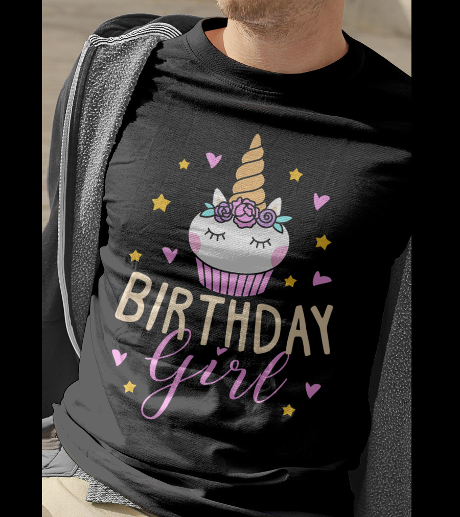 Birthday Girl Unicorn Cupcake Stars Hearts Cute Funny T-Shirt