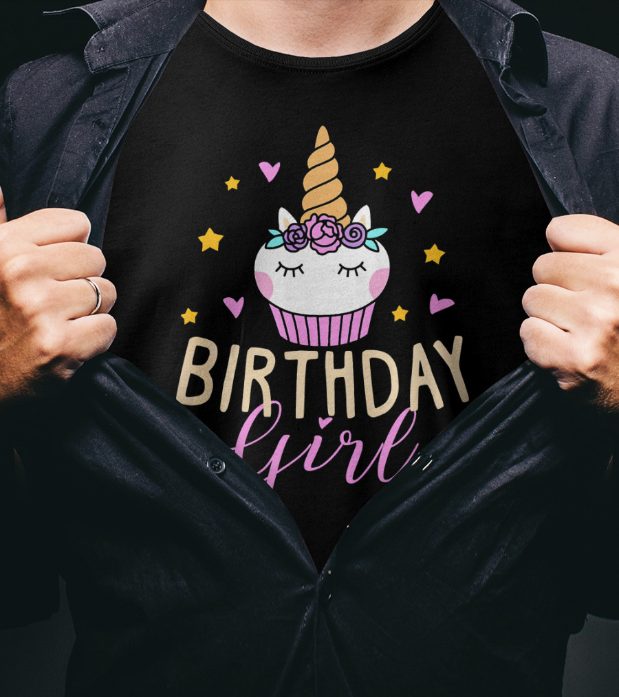 Birthday Girl Unicorn Cupcake Stars Hearts Cute Funny T-Shirt