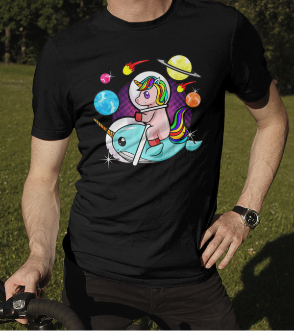Unicorn Riding Narwhal Space Adventure With Planets And Astronaut Helmet T-Shirt