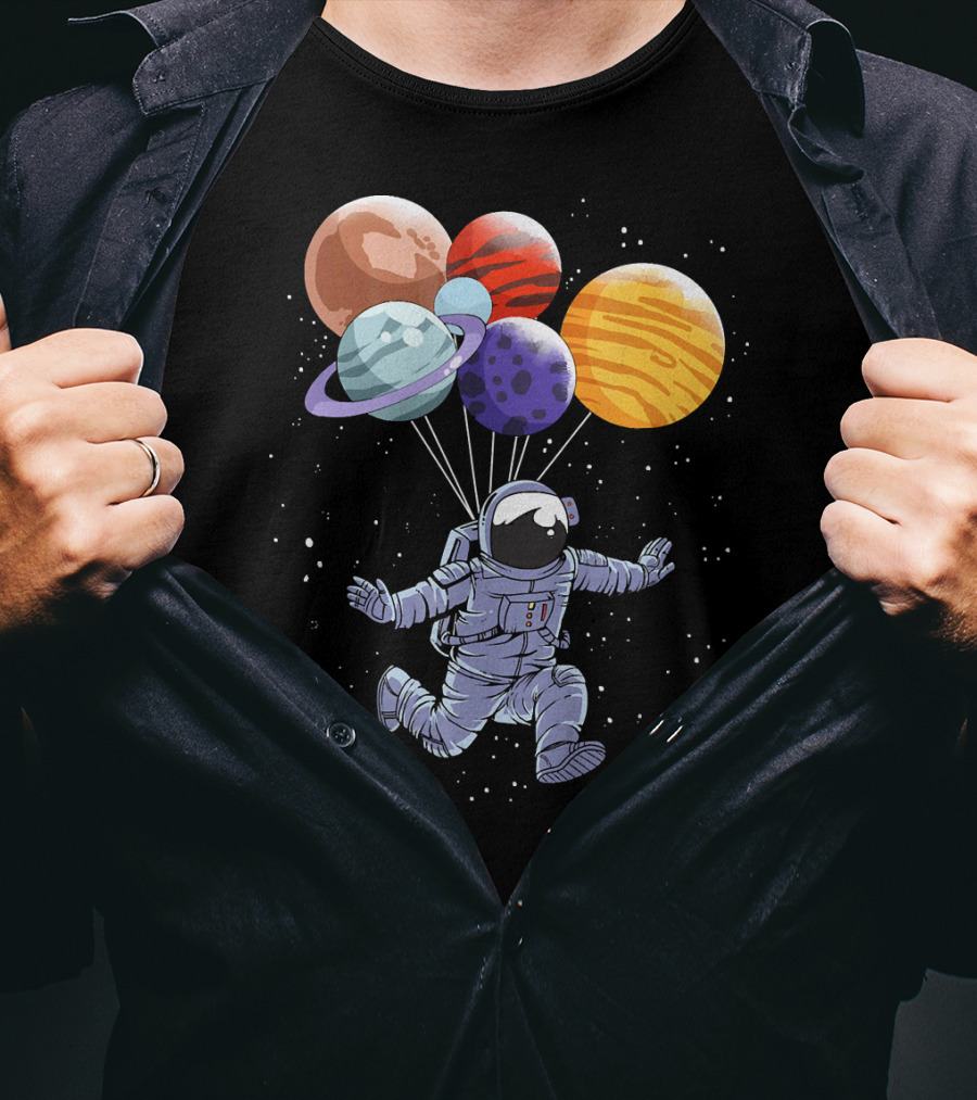 Astronaut Floating With Planet Balloons In Space Boys T-Shirt