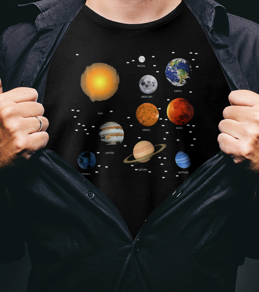 Sun Moon Mercury Venus Earth Mars Jupiter Saturn Uranus Neptune Our Solar System Science Education T-Shirt