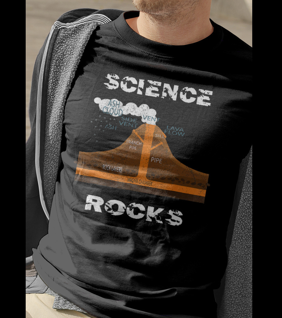 Science Rocks Distressed Volcano Diagram With Ash Cloud And Magma Chamber T-Shirt