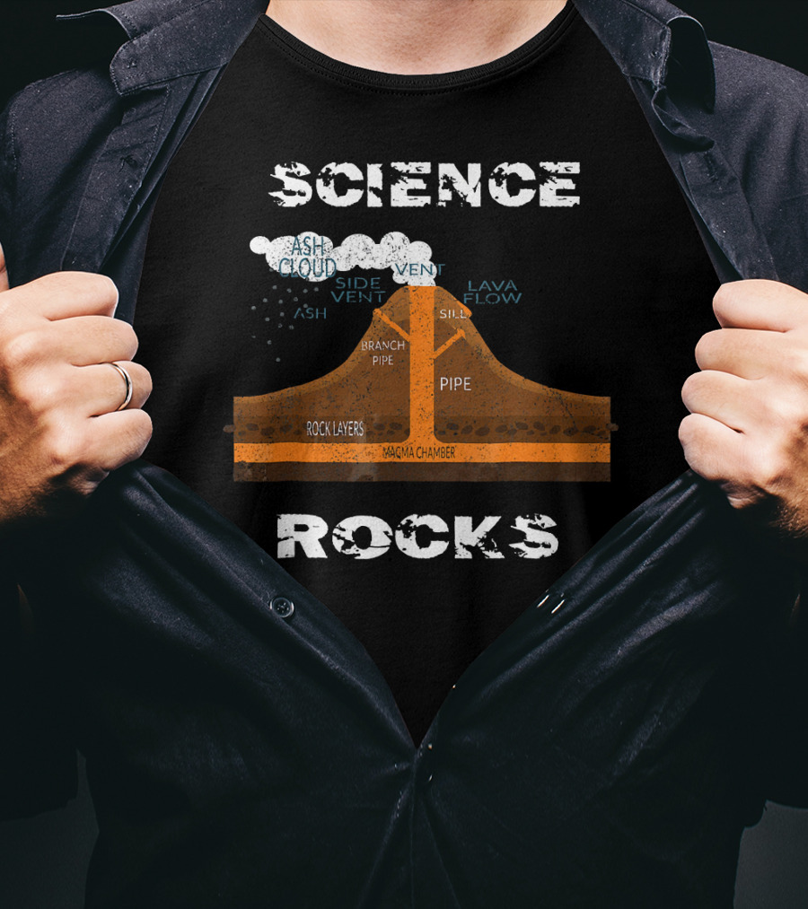 Science Rocks Distressed Volcano Diagram With Ash Cloud And Magma Chamber T-Shirt