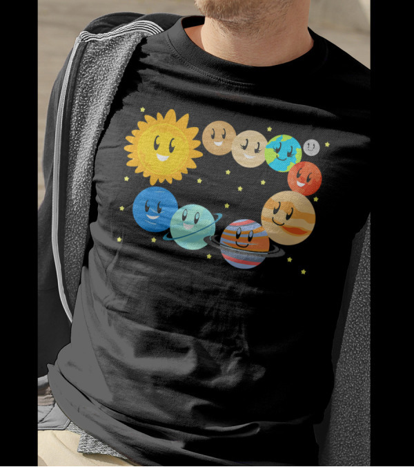 Kids Solar System Science Planets Learning Smiling Sun And Stars T-Shirt