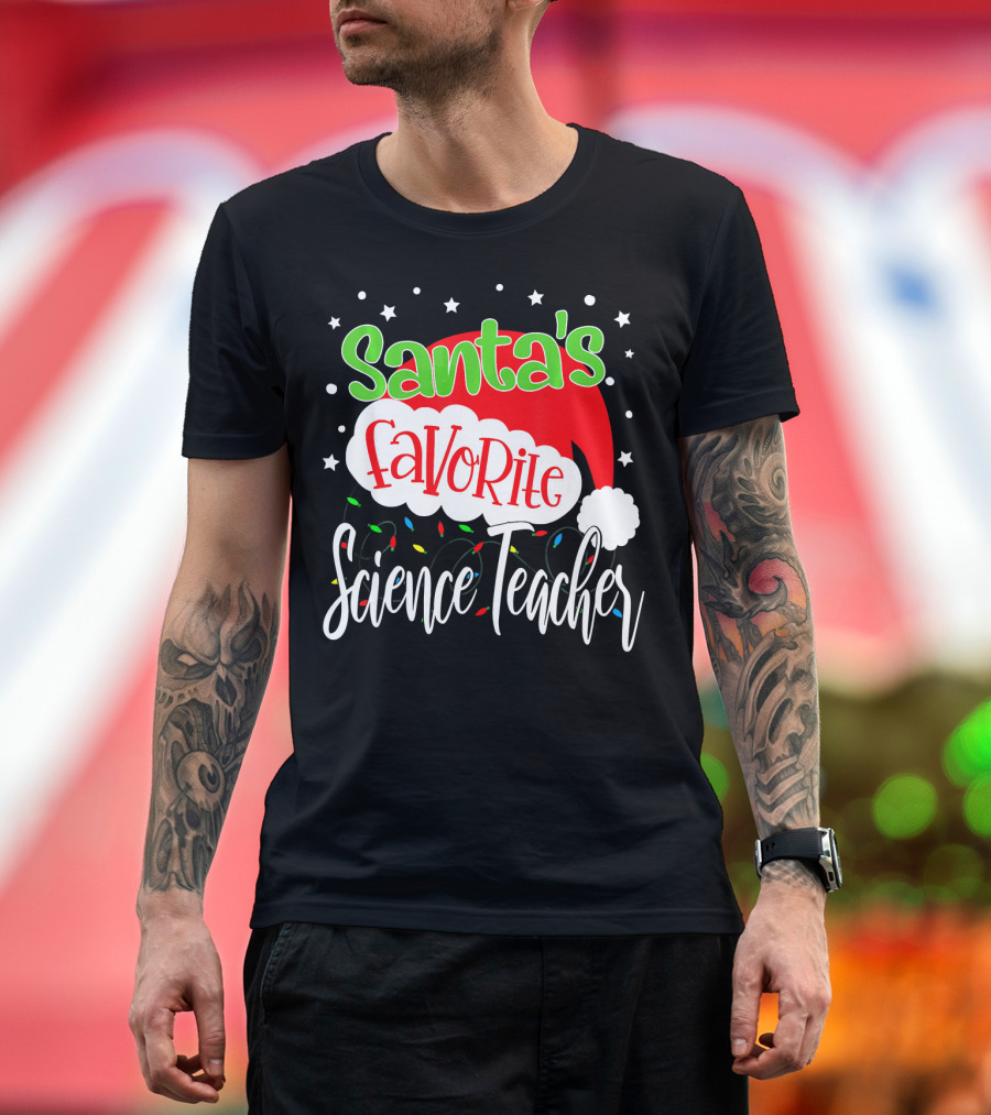 Santa's Favorite Science Teacher Christmas Hat Lights T-Shirt