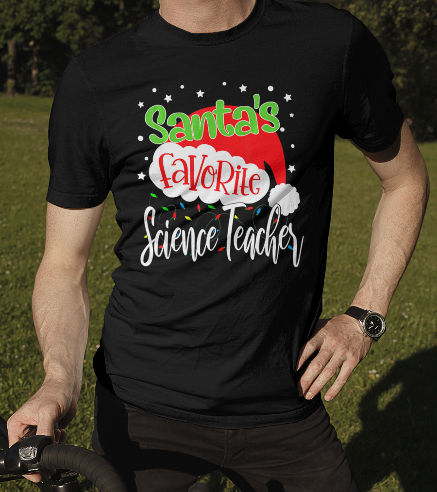 Santa's Favorite Science Teacher Christmas Hat Lights T-Shirt