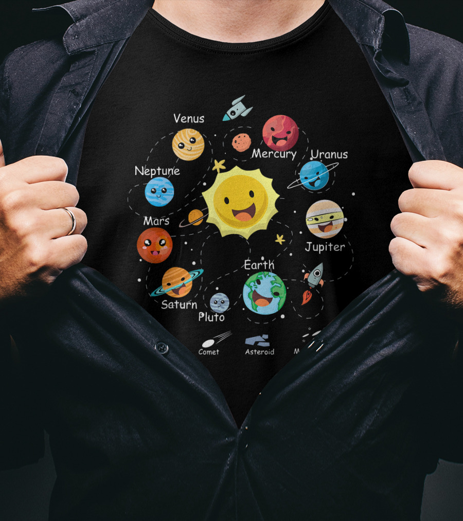 Funny Planets Solar System With Cute Sun And Space Objects T-Shirt