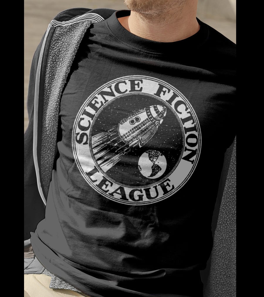 Science Fiction League 1930s Rocket And Earth Emblem T-Shirt
