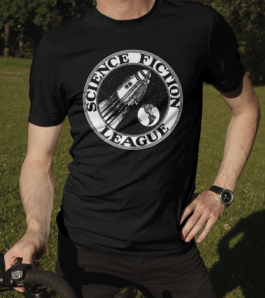 Science Fiction League 1930s Rocket And Earth Emblem T-Shirt