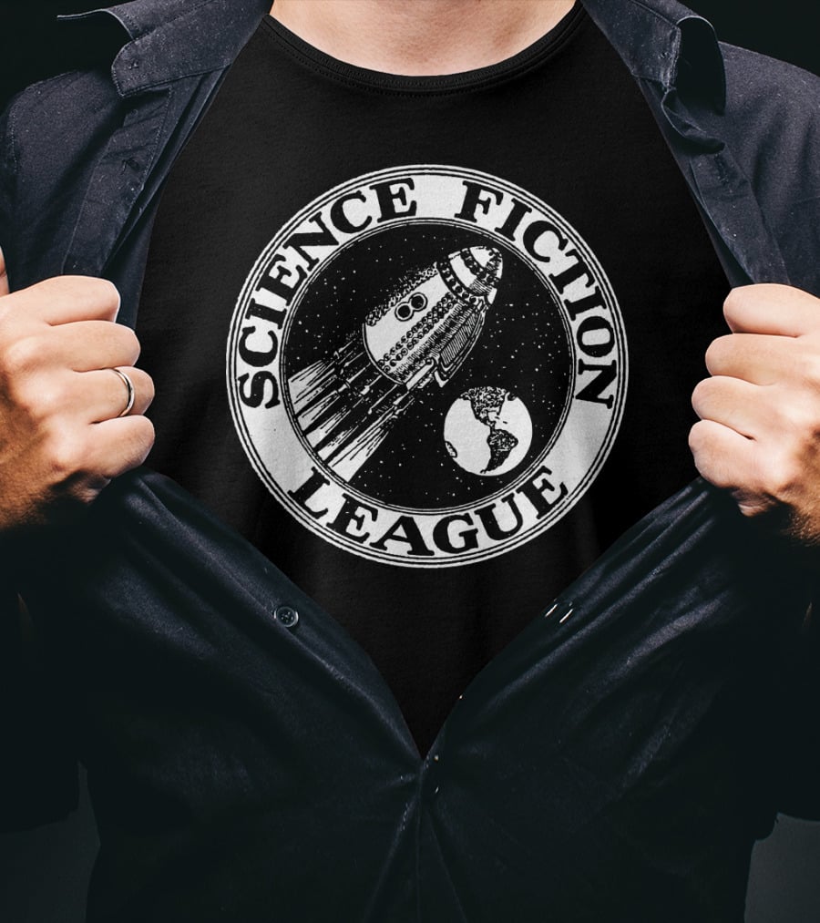 Science Fiction League 1930s Rocket And Earth Emblem T-Shirt