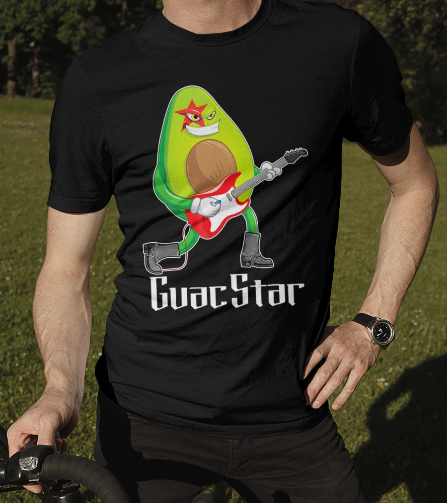 Guac Star Avocado Rock Star Playing Guitar With Red Boots T-Shirt