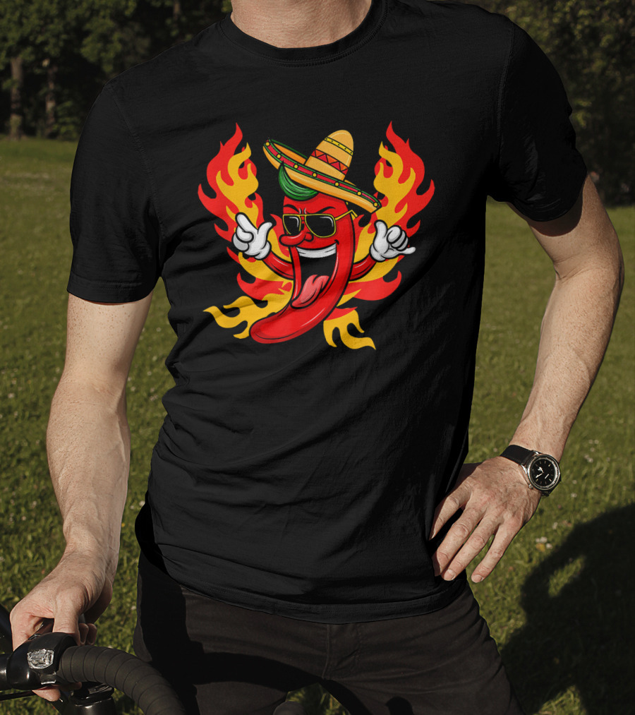 Cool Peppers Hot And Spicy Chili Flame Sombrero Party T-Shirt