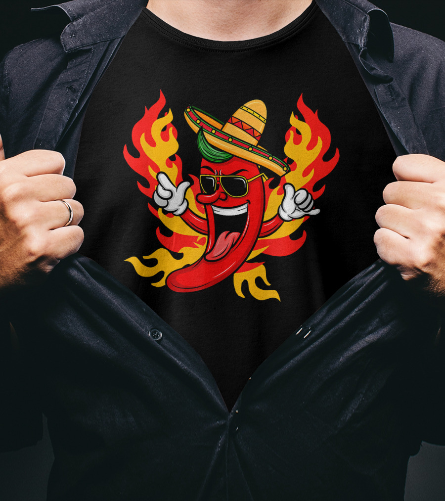 Cool Peppers Hot And Spicy Chili Flame Sombrero Party T-Shirt