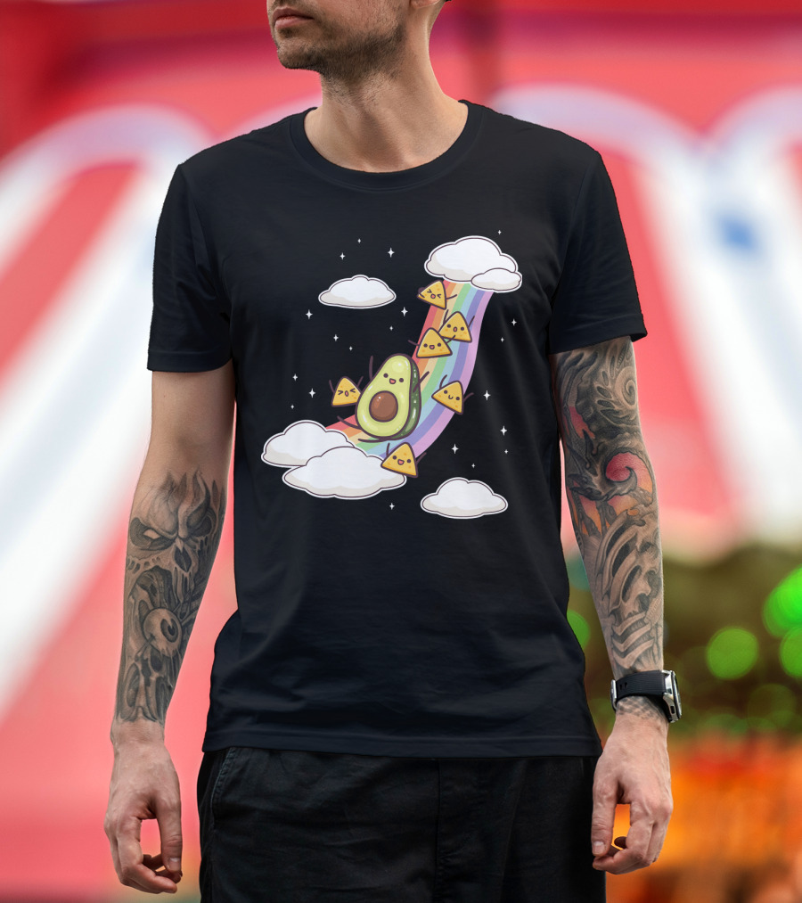 Avocado Nachos Riding a Rainbow with Clouds and Stars Guacamole Fun T-Shirt
