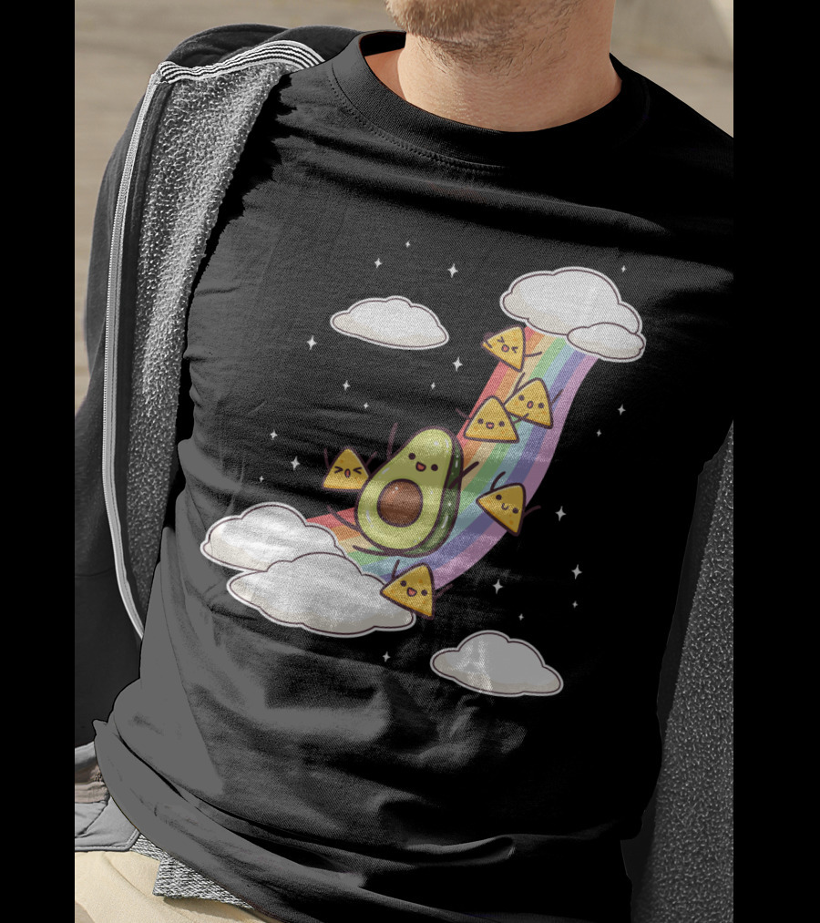 Avocado Nachos Riding A Rainbow With Clouds And Stars Guacamole Fun T-Shirt