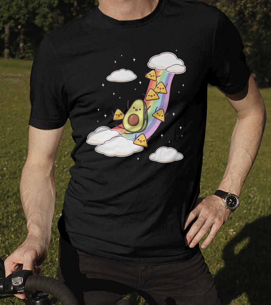 Avocado Nachos Riding A Rainbow With Clouds And Stars Guacamole Fun T-Shirt