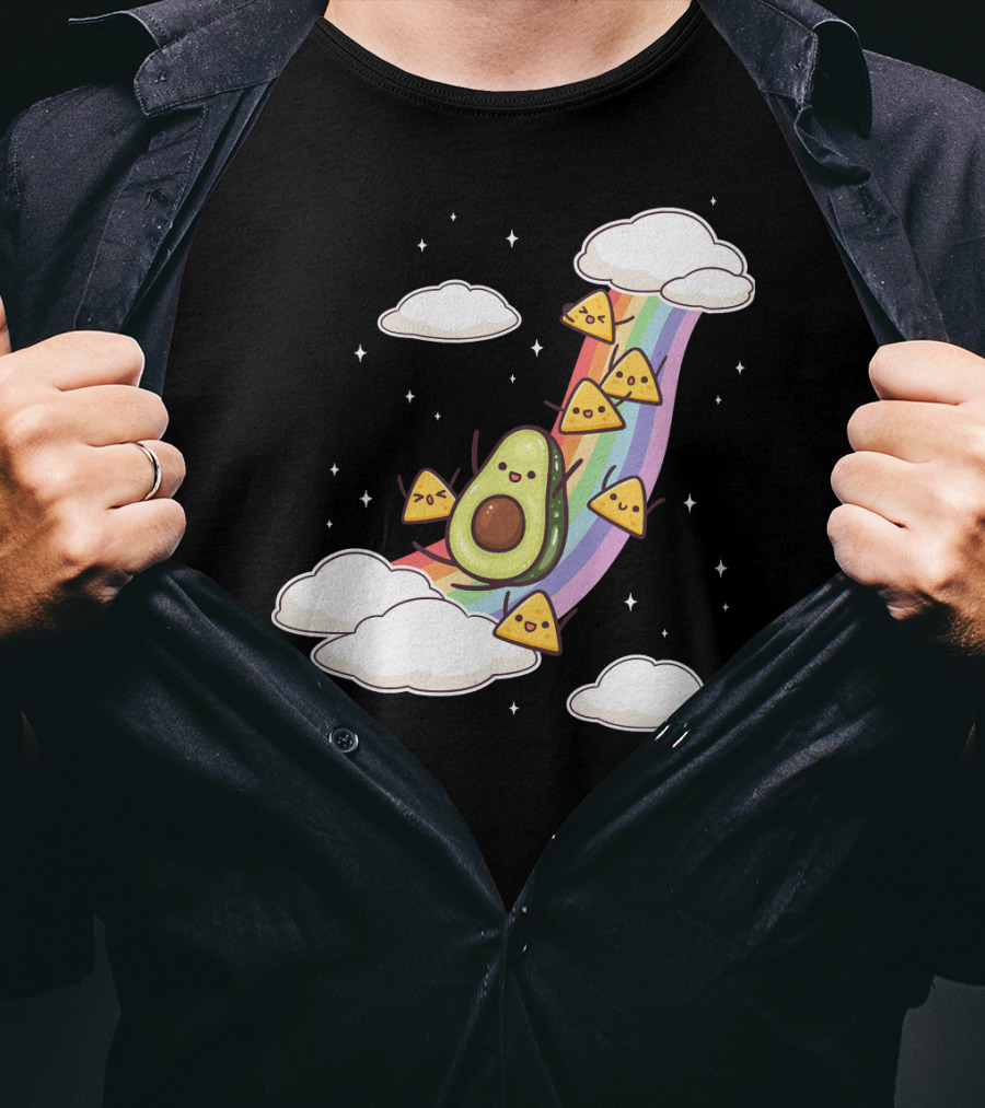 Avocado Nachos Riding A Rainbow With Clouds And Stars Guacamole Fun T-Shirt