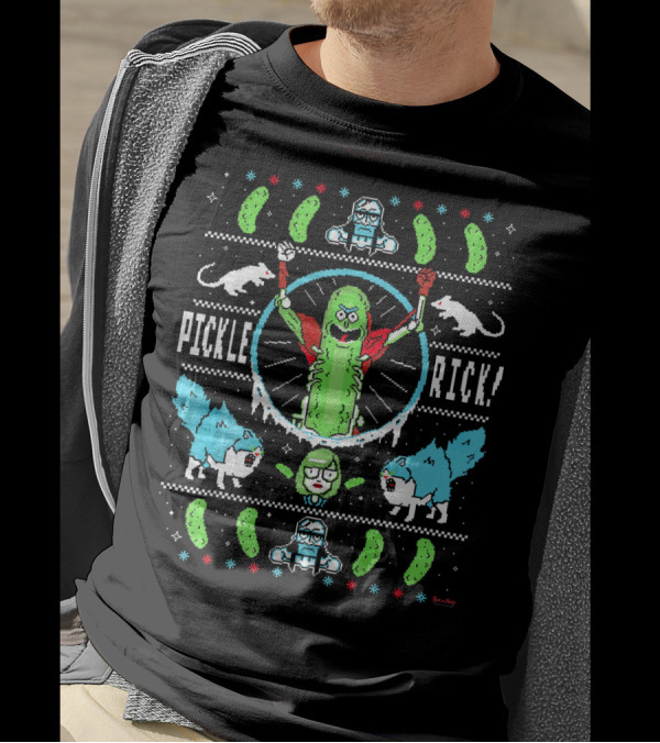 Festive Pickle Rick Ugly Sweater Christmas Theme With Rick And Morty Cats And Snowflakes T-Shirt