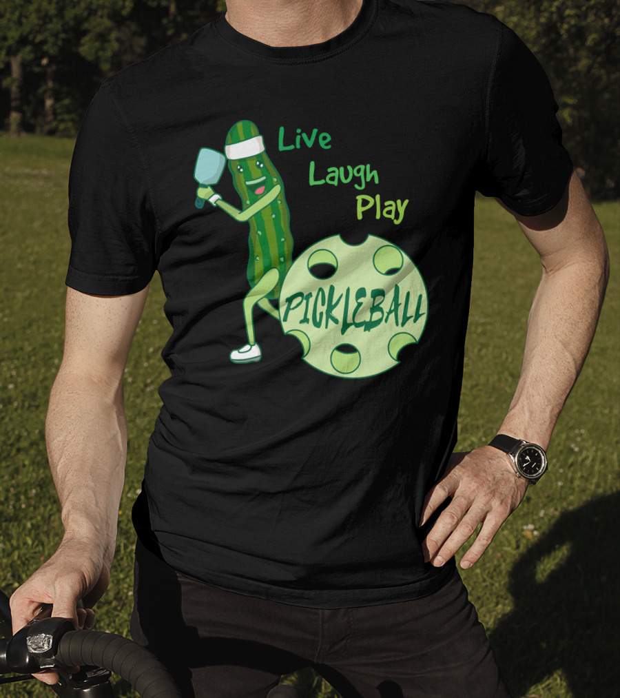 Live Laugh Play Pickleball Funny Sports Pickle Character Paddle T-Shirt