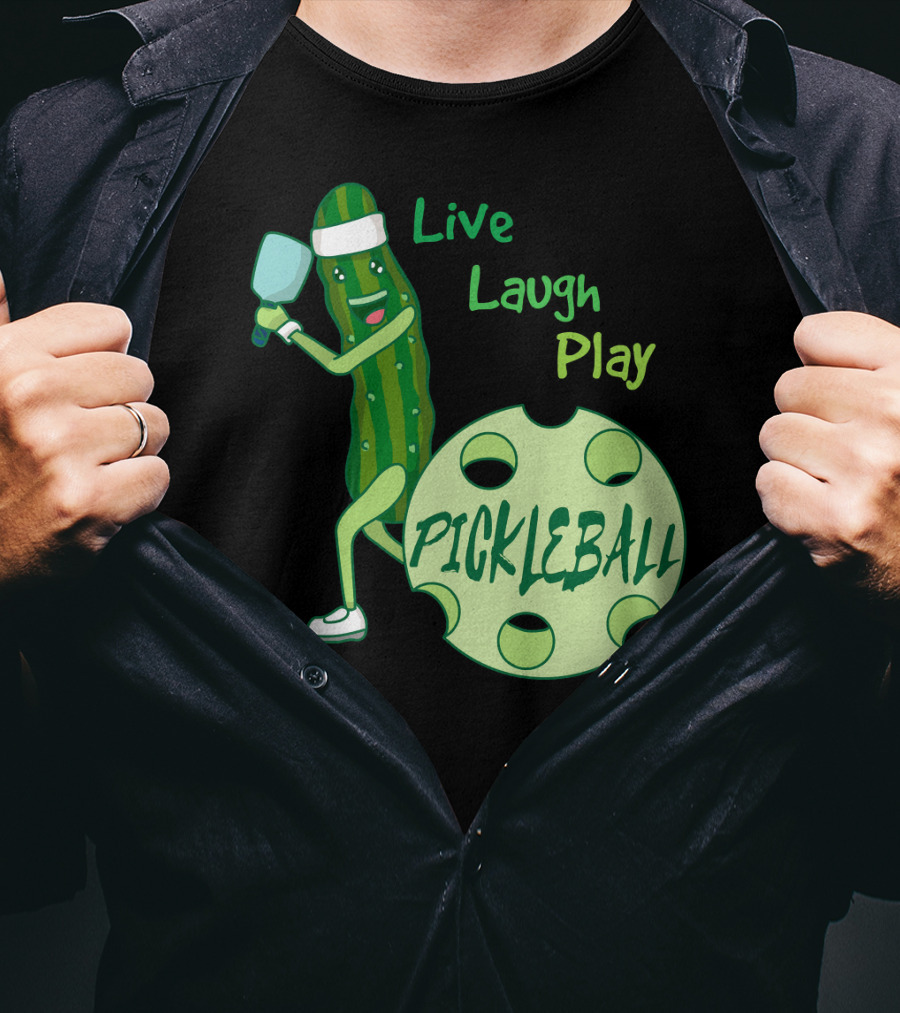 Live Laugh Play Pickleball Funny Sports Pickle Character Paddle T-Shirt