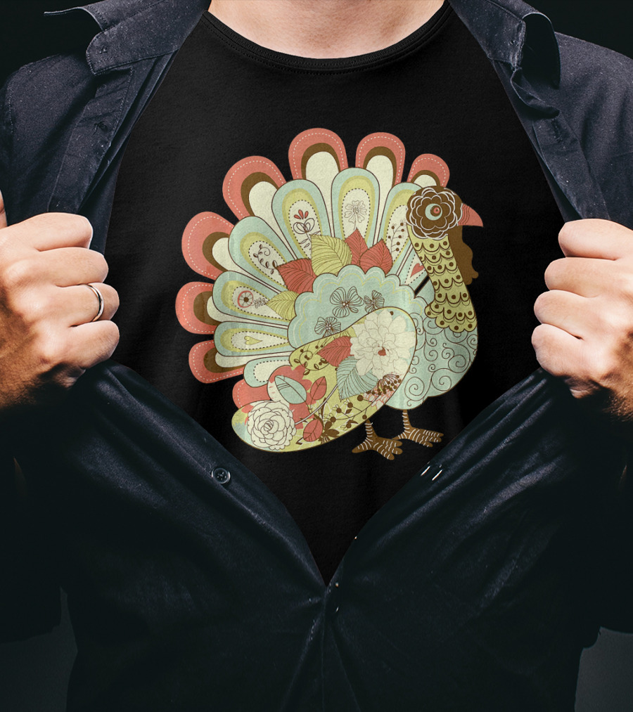 Retro Thanksgiving Turkey Vintage Floral T-Shirt