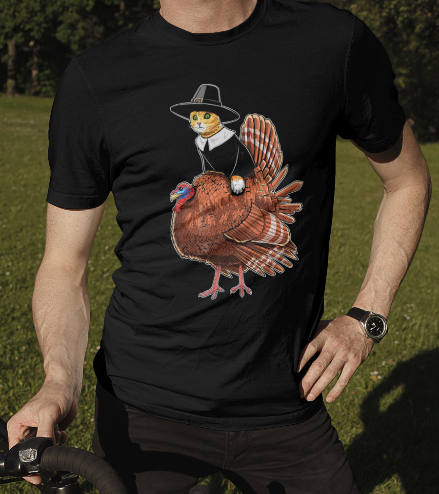 Thanksgiving Cat Dressed As Pilgrim Riding Turkey T-Shirt