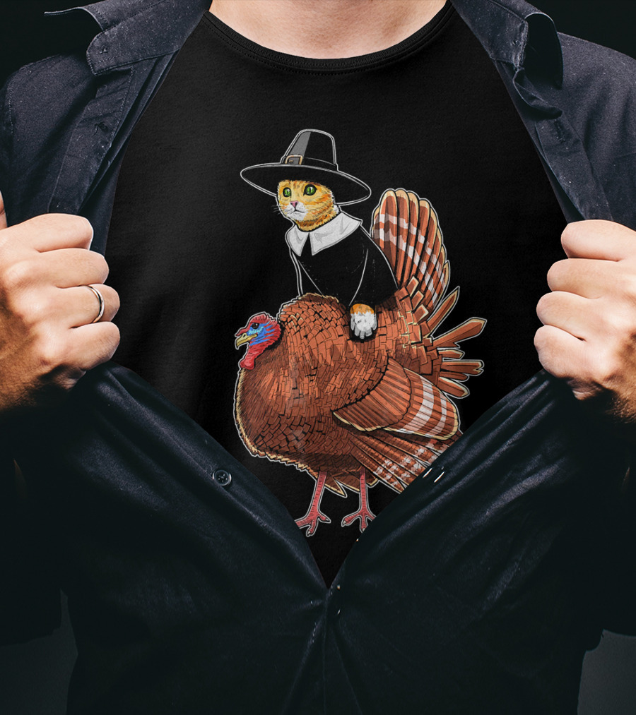 Thanksgiving Cat Dressed As Pilgrim Riding Turkey T-Shirt
