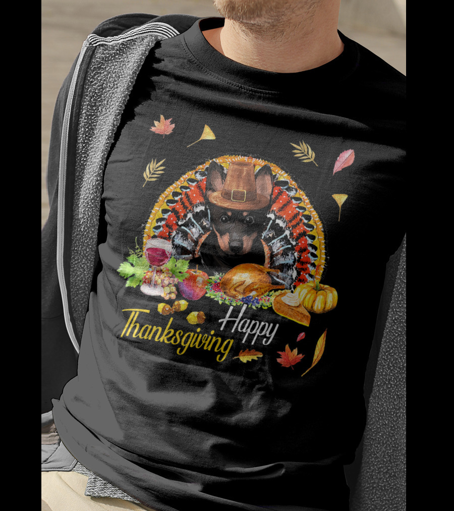 Happy Thanksgiving Heeler Dog With Feast And Autumn Leaves T-Shirt