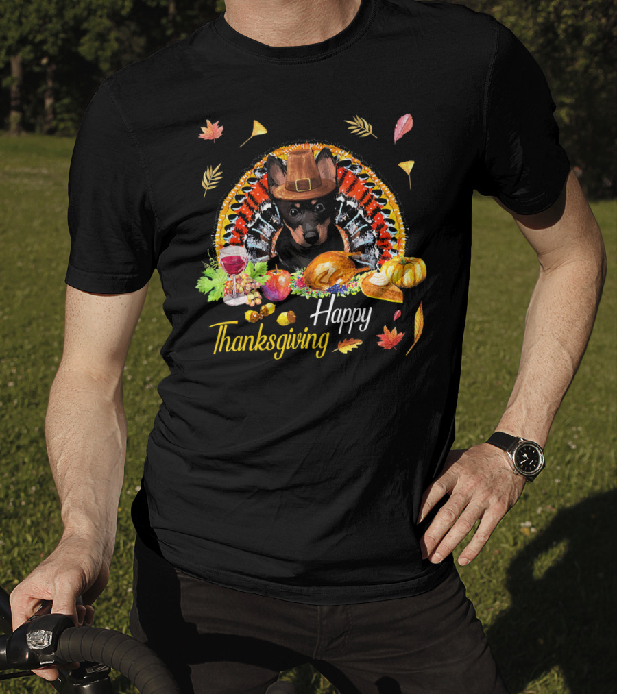 Happy Thanksgiving Heeler Dog With Feast And Autumn Leaves T-Shirt