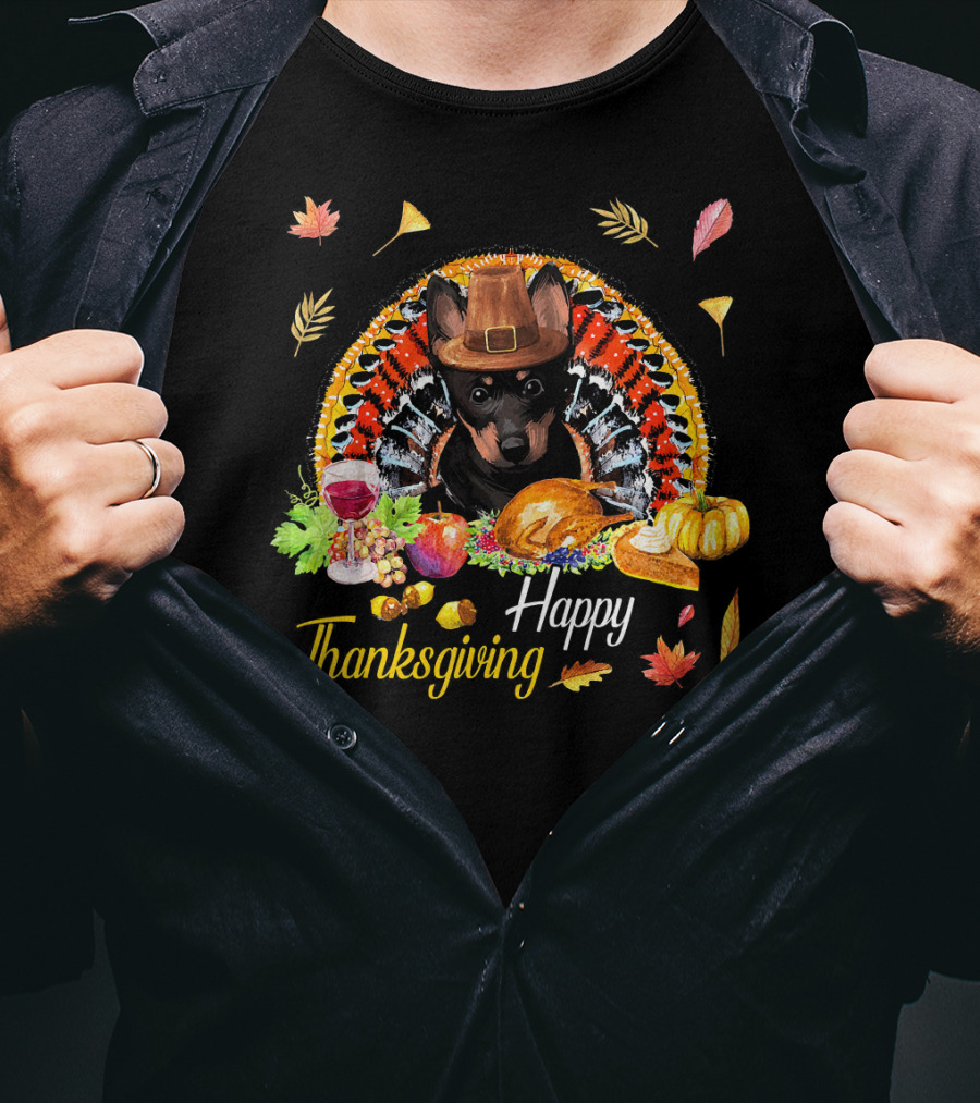 Happy Thanksgiving Heeler Dog With Feast And Autumn Leaves T-Shirt
