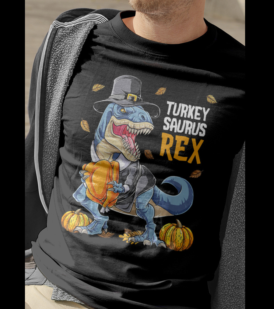 Turkey Saurus Rex Dinosaur Thanksgiving Boys Pilgrim Hat Pumpkin T-Shirt