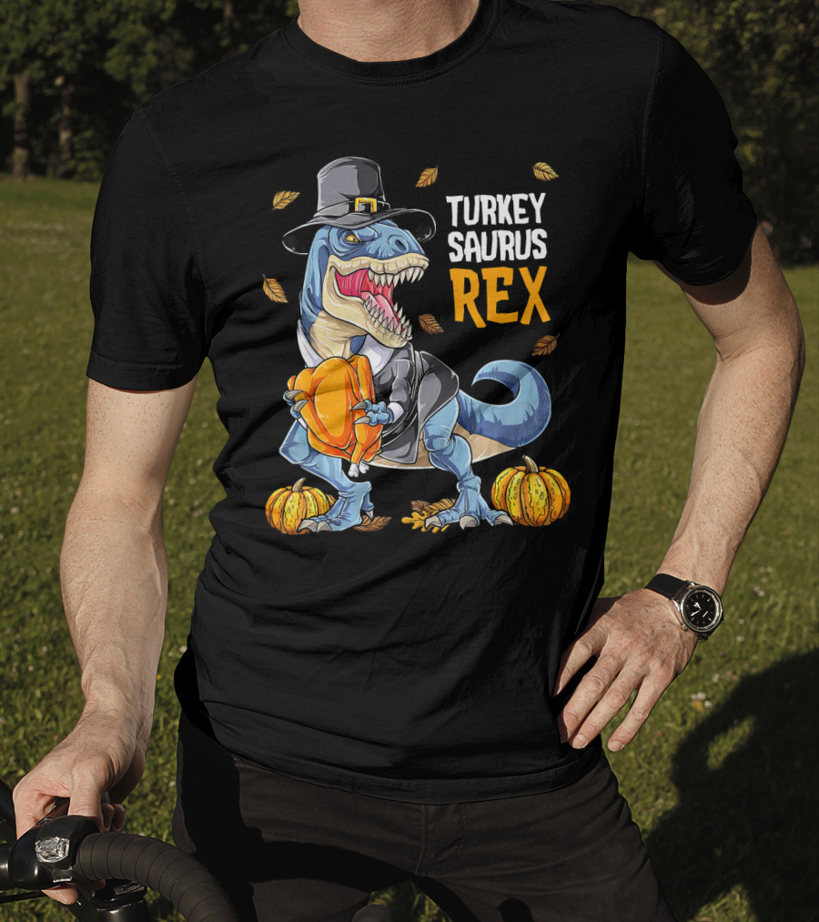 Turkey Saurus Rex Dinosaur Thanksgiving Boys Pilgrim Hat Pumpkin T-Shirt