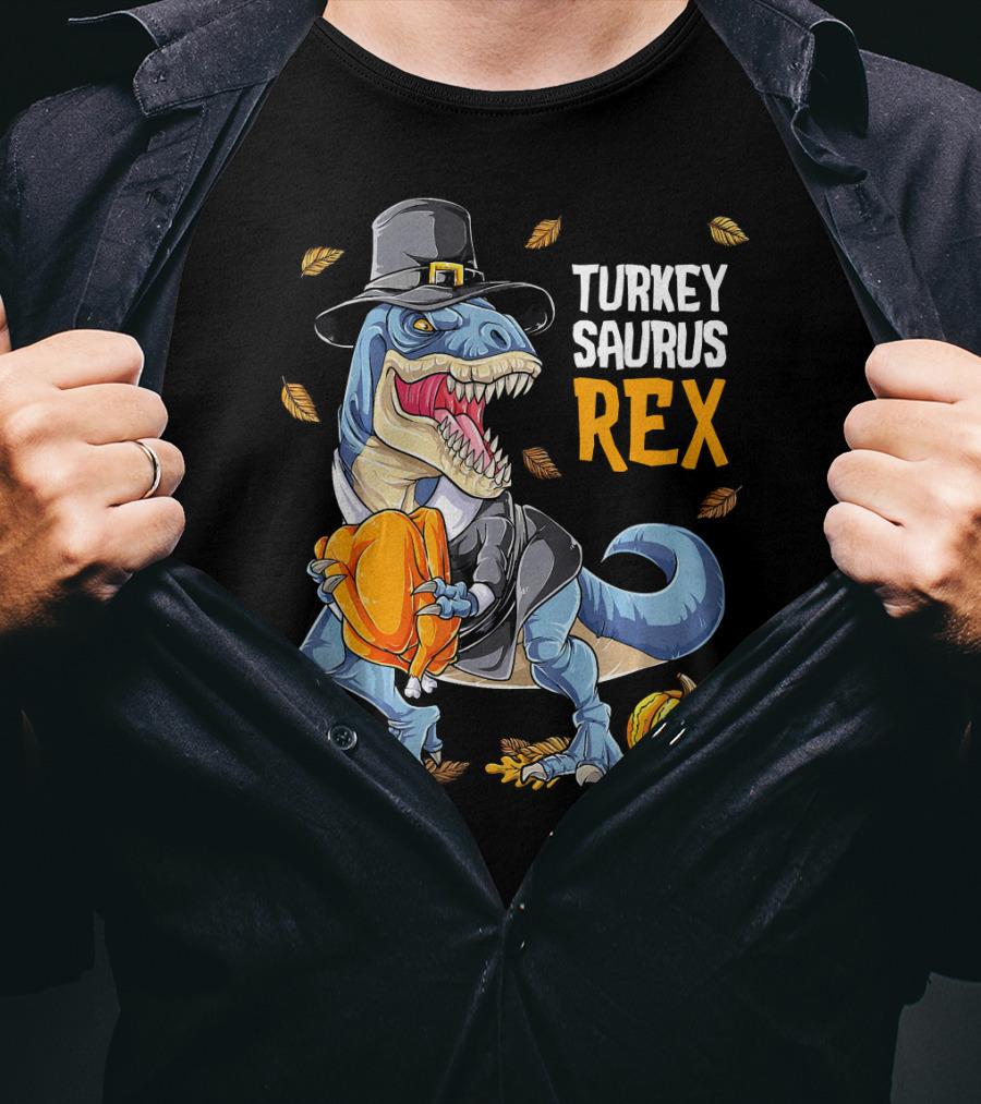 Turkey Saurus Rex Dinosaur Thanksgiving Boys Pilgrim Hat Pumpkin T-Shirt