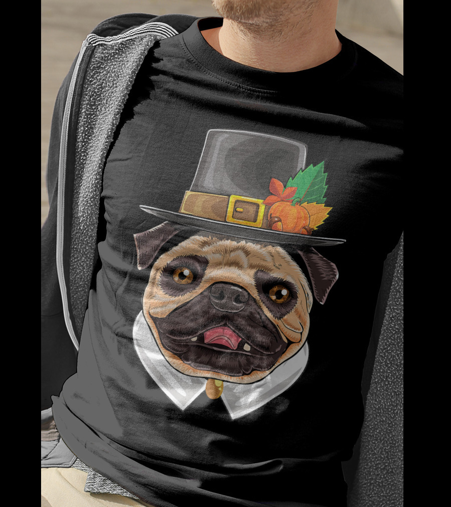 Thanksgiving Pug Pilgrim Hat With Pumpkin And Leaves T-Shirt
