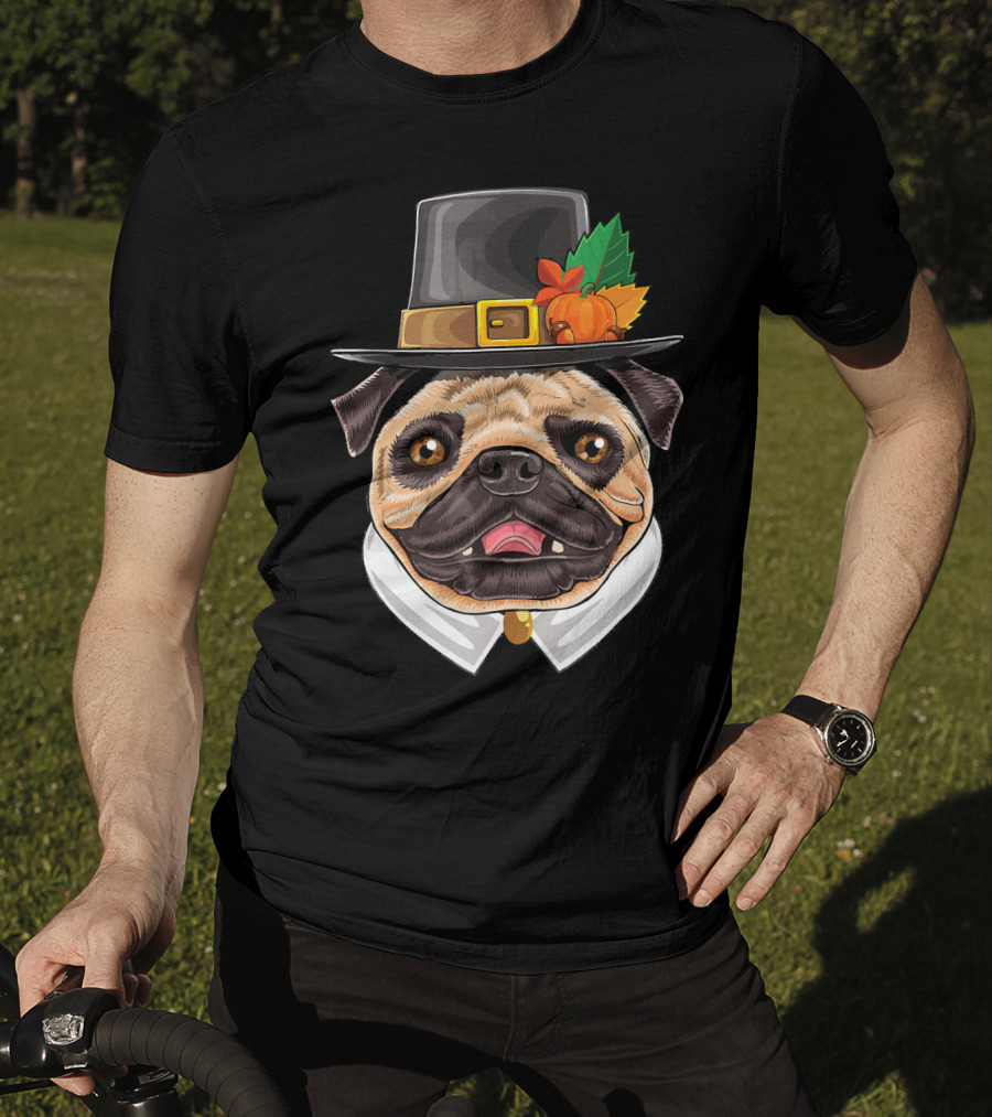 Thanksgiving Pug Pilgrim Hat With Pumpkin And Leaves T-Shirt