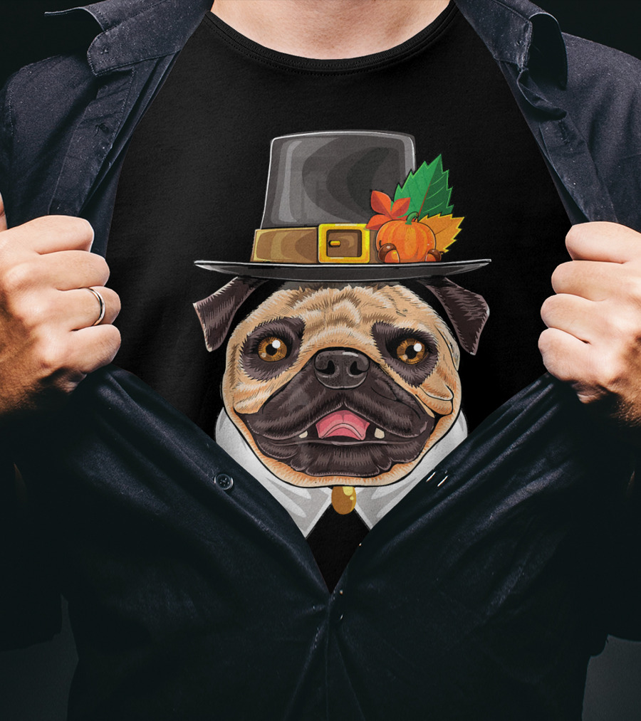 Thanksgiving Pug Pilgrim Hat With Pumpkin And Leaves T-Shirt