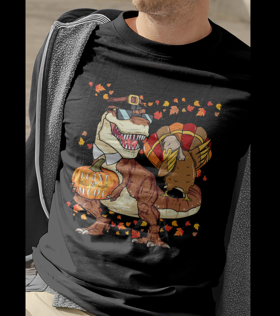 Thanksgiving Feast Mode Dinosaur With Turkey And Autumn Leaves T-Shirt