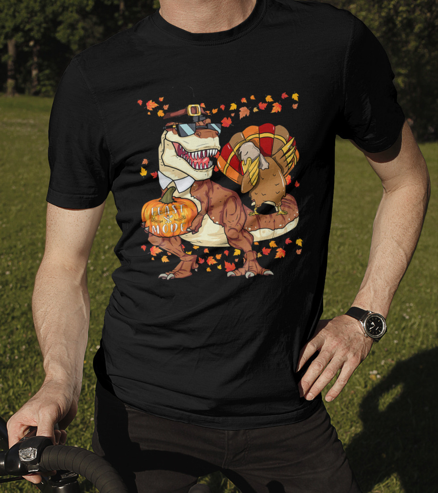 Thanksgiving Feast Mode Dinosaur With Turkey And Autumn Leaves T-Shirt