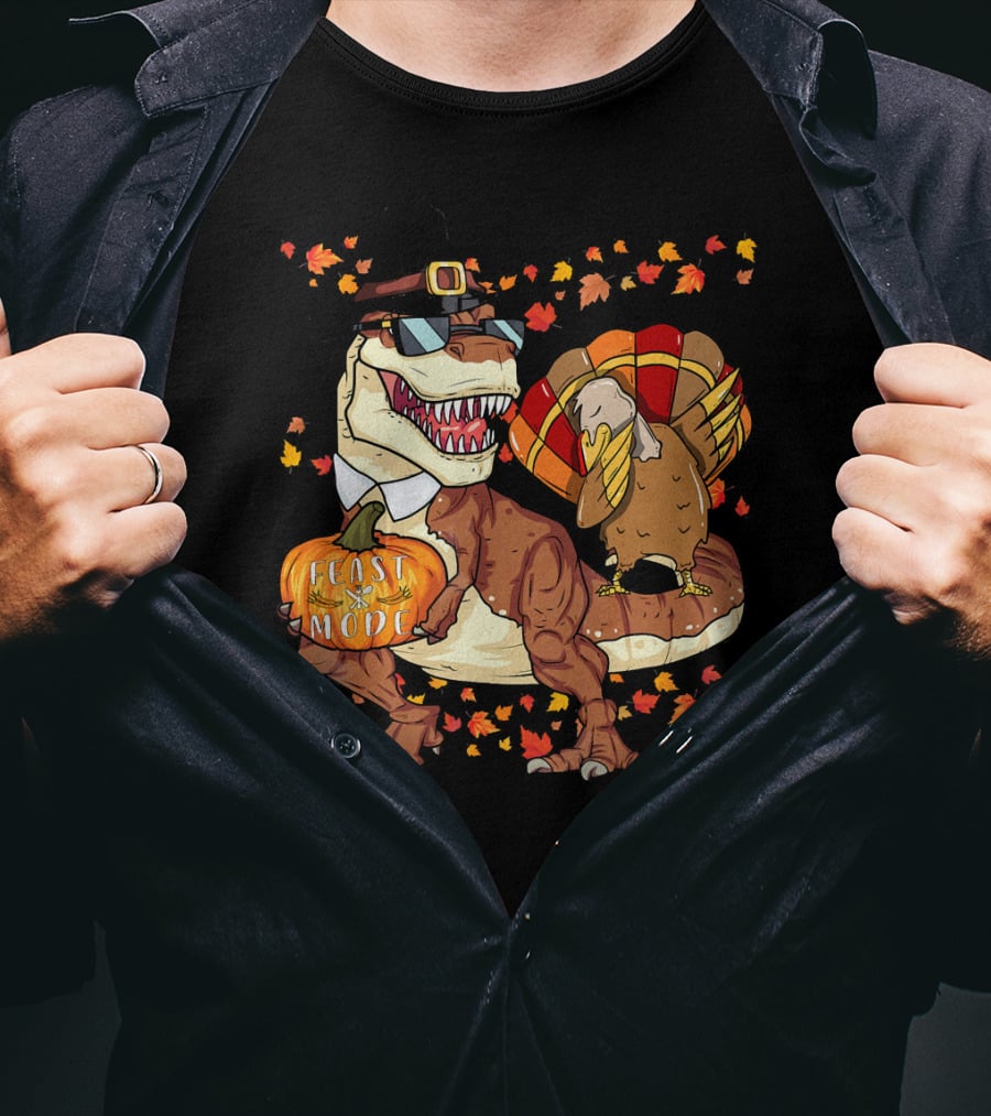 Thanksgiving Feast Mode Dinosaur With Turkey And Autumn Leaves T-Shirt