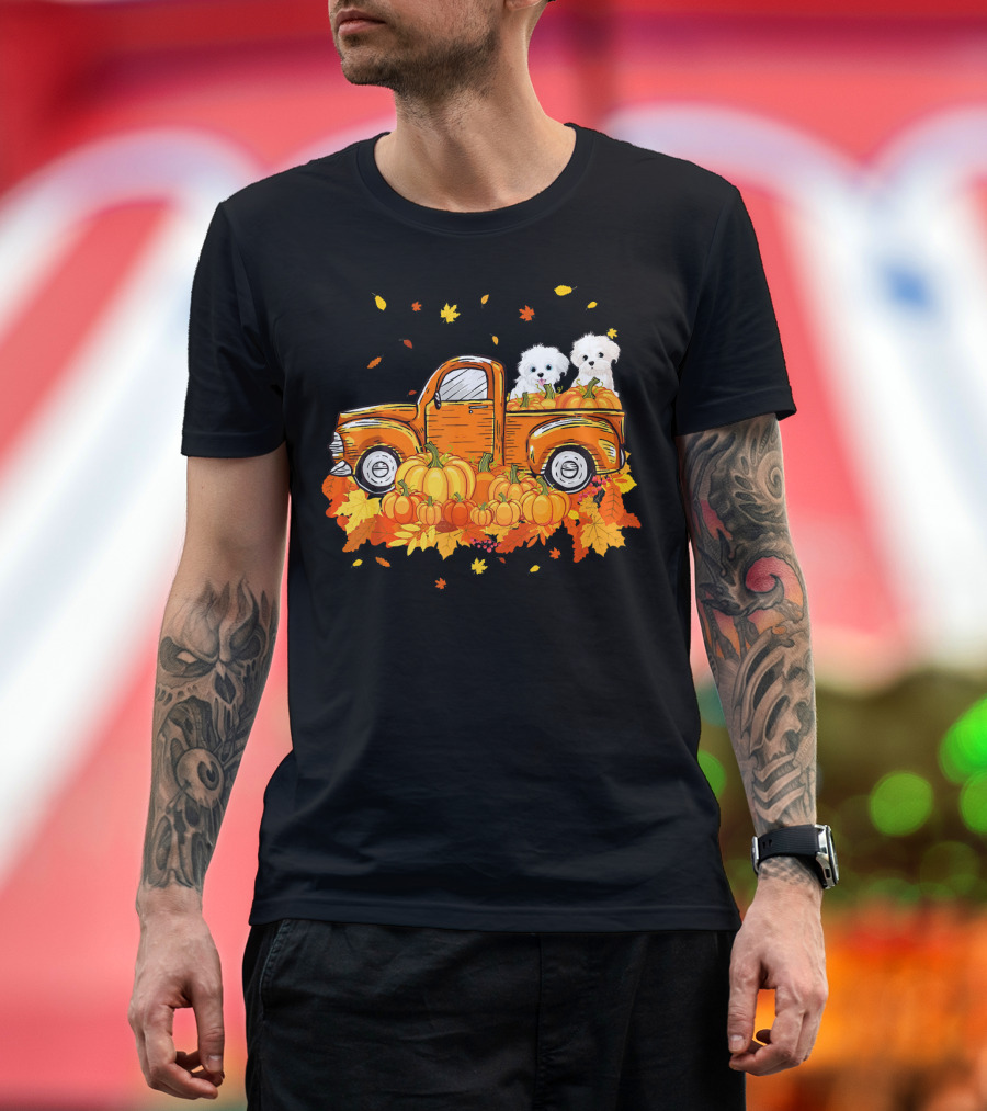 Maltese Dogs Riding Pumpkin Truck for Halloween T-Shirt