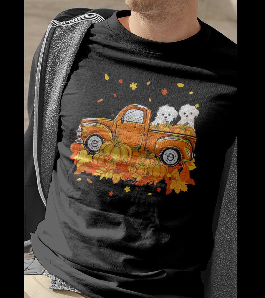 Maltese Dogs Riding Pumpkin Truck For Halloween T-Shirt