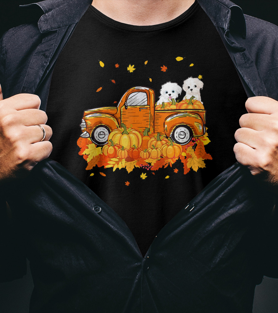 Maltese Dogs Riding Pumpkin Truck For Halloween T-Shirt