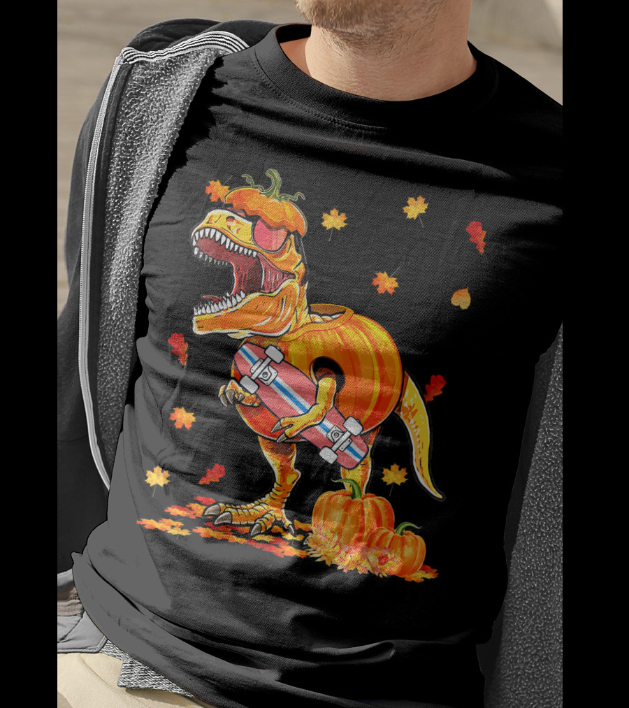 Dinosaur Pumpkin Skateboard Autumn Leaves Hall T-Shirt