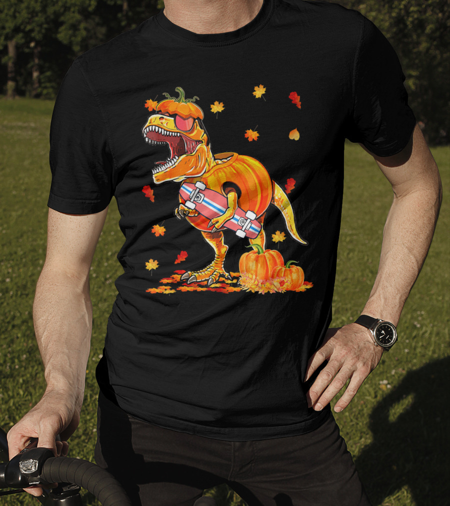 Dinosaur Pumpkin Skateboard Autumn Leaves Hall T-Shirt