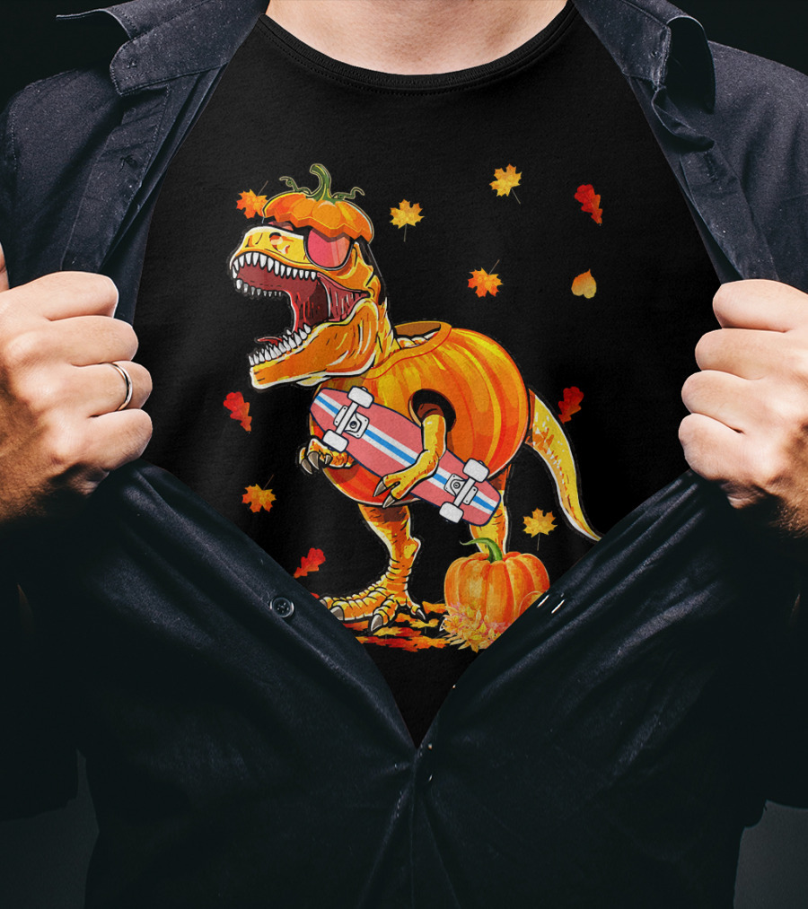 Dinosaur Pumpkin Skateboard Autumn Leaves Hall T-Shirt